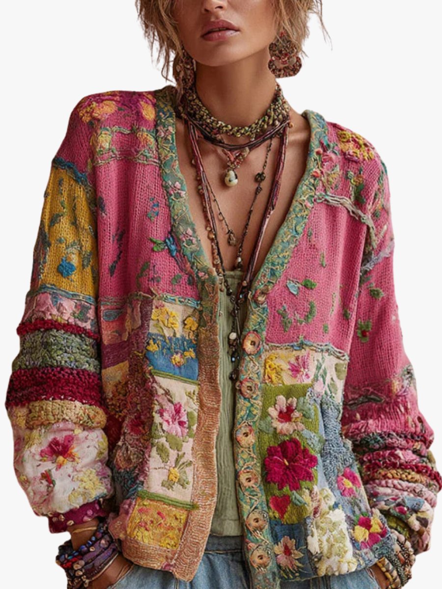 Damen Blumen-Patchwork Cardigan Weste, Zoe